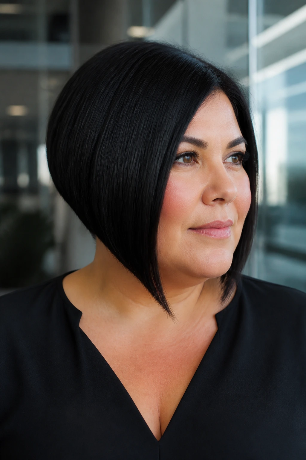 Close-up of a real woman with a sleek A-Line bob.