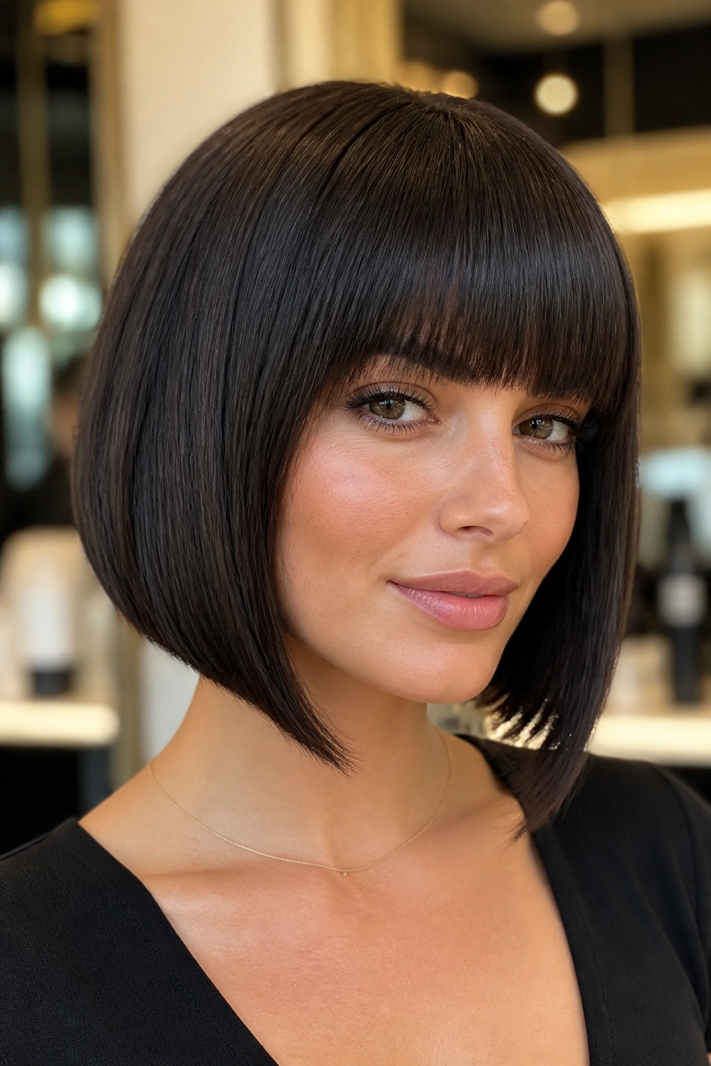 Close-up portrait of a real woman with a Sleek A-Line Bob and Full Fringe