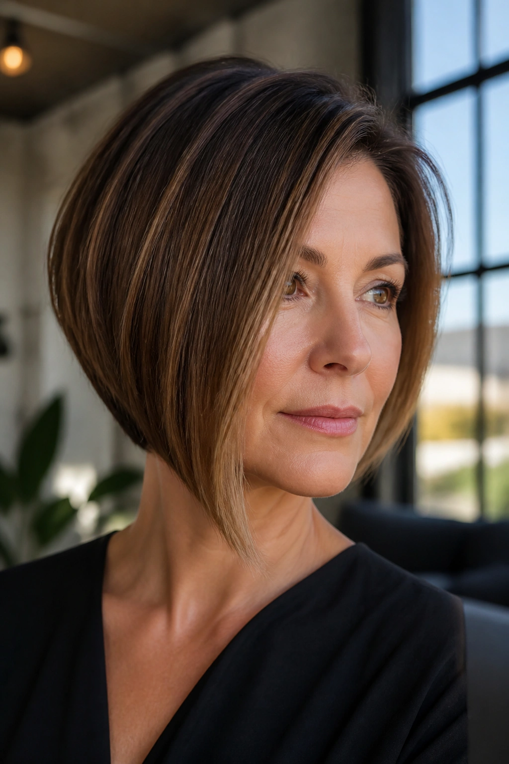 Close-up portrait of a real woman with a sleek angled bob in bright daylight