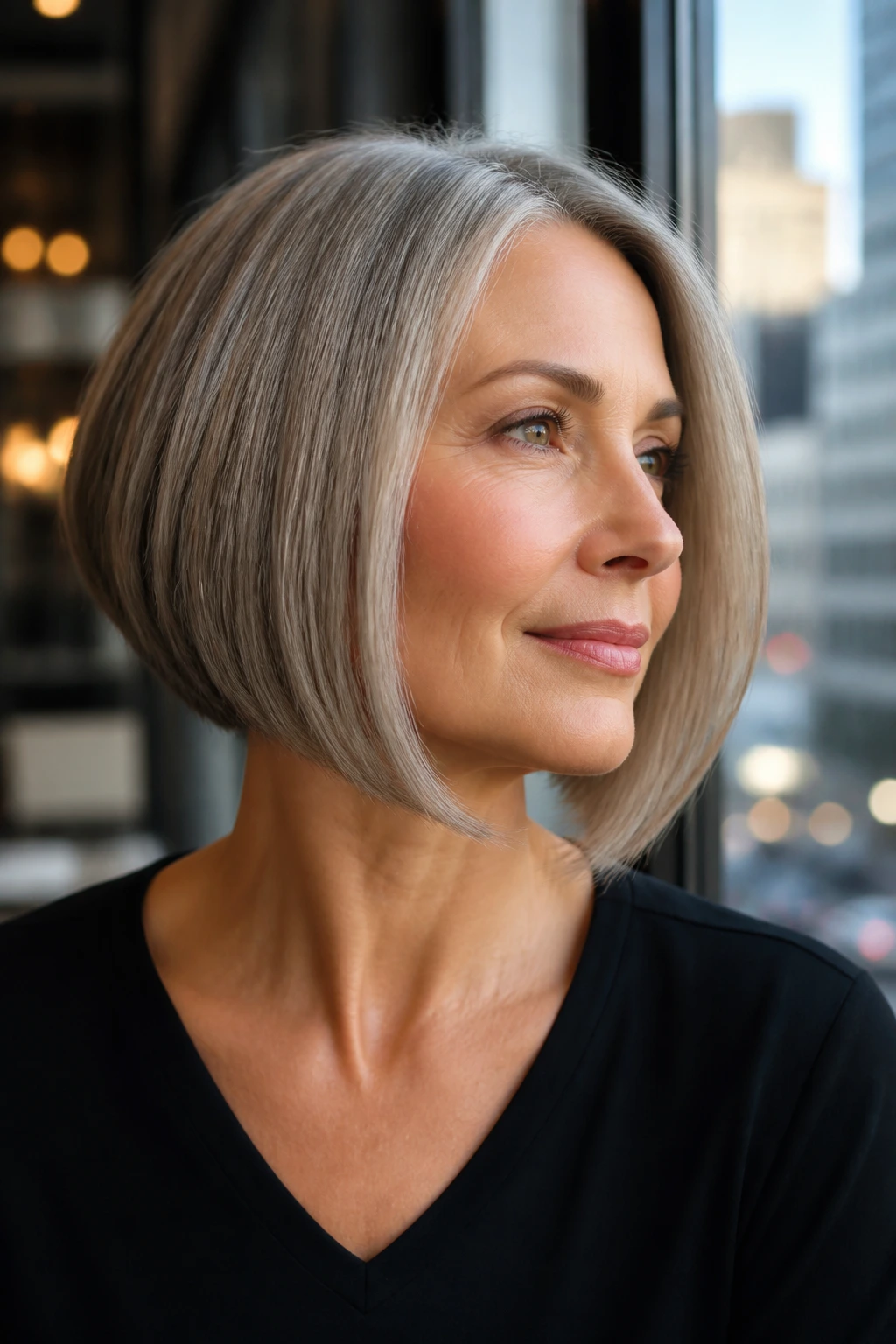 Close-up of a real woman with a sleek angled bob.