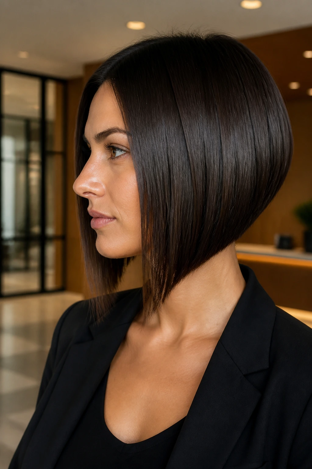 Close-up portrait of a real woman with a sleek angled bob and glossy finish in an office lobby