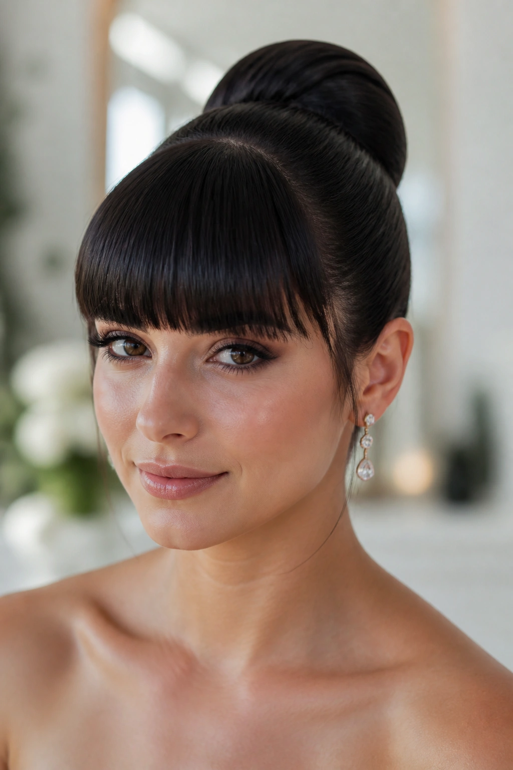 Close-up of a real bride with a sleek ballerina bun and blunt bangs