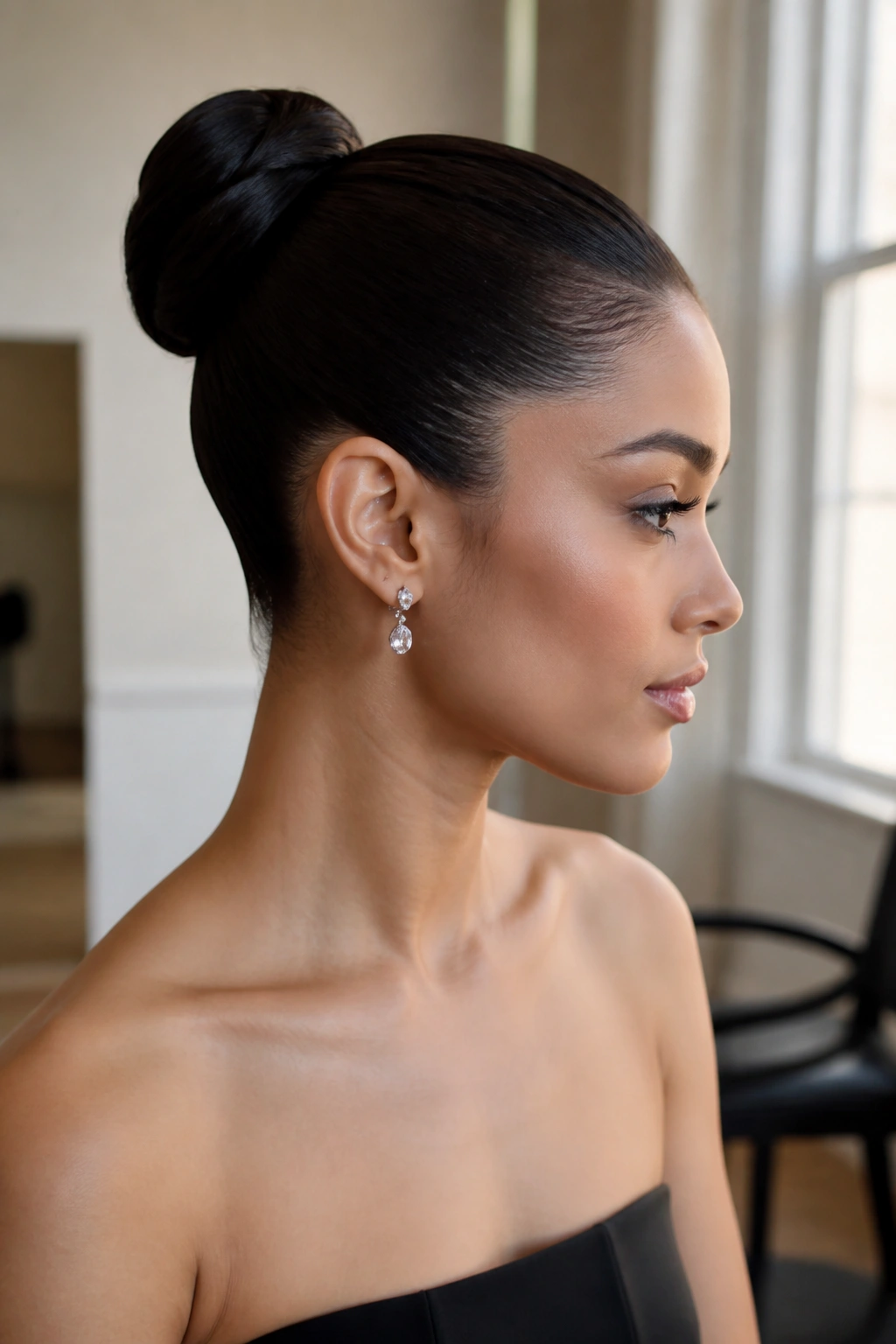 Close-up of a woman with a sleek ballet bun