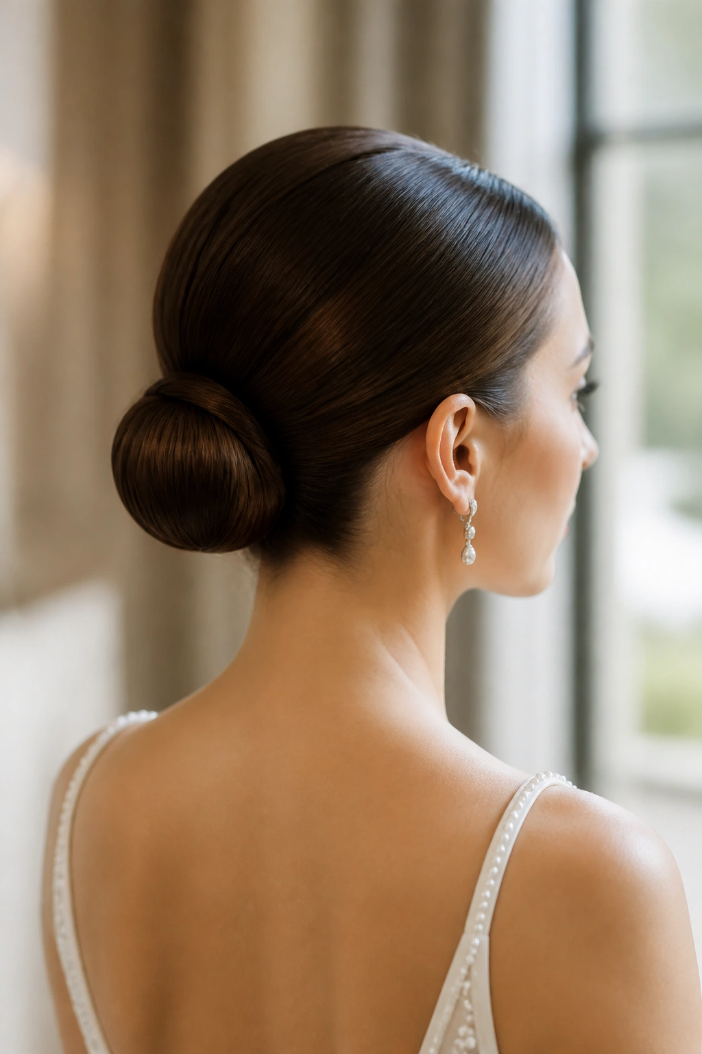 Close-up of a sleek ballet bun at the nape on a real bride