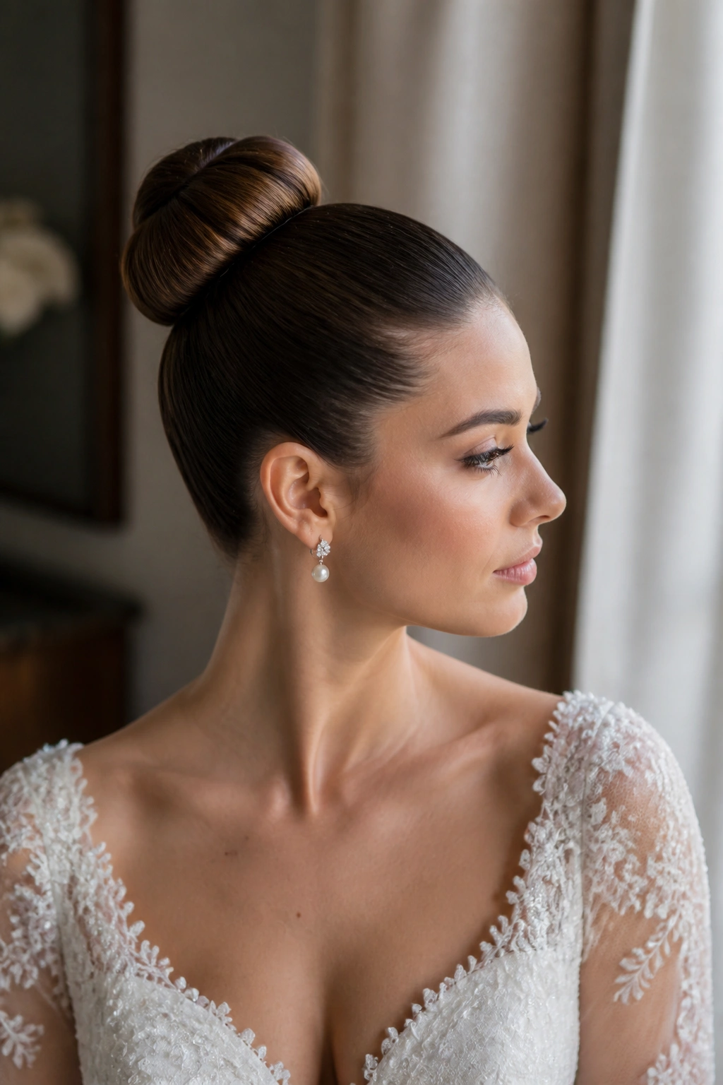 Close-up of a real bride with a sleek ballet bun