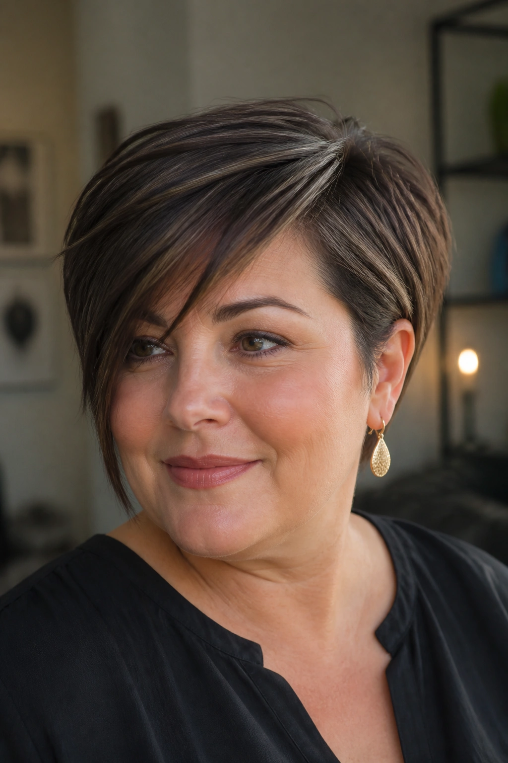 Close-up portrait of a real woman with sleek bixie and long side fringe
