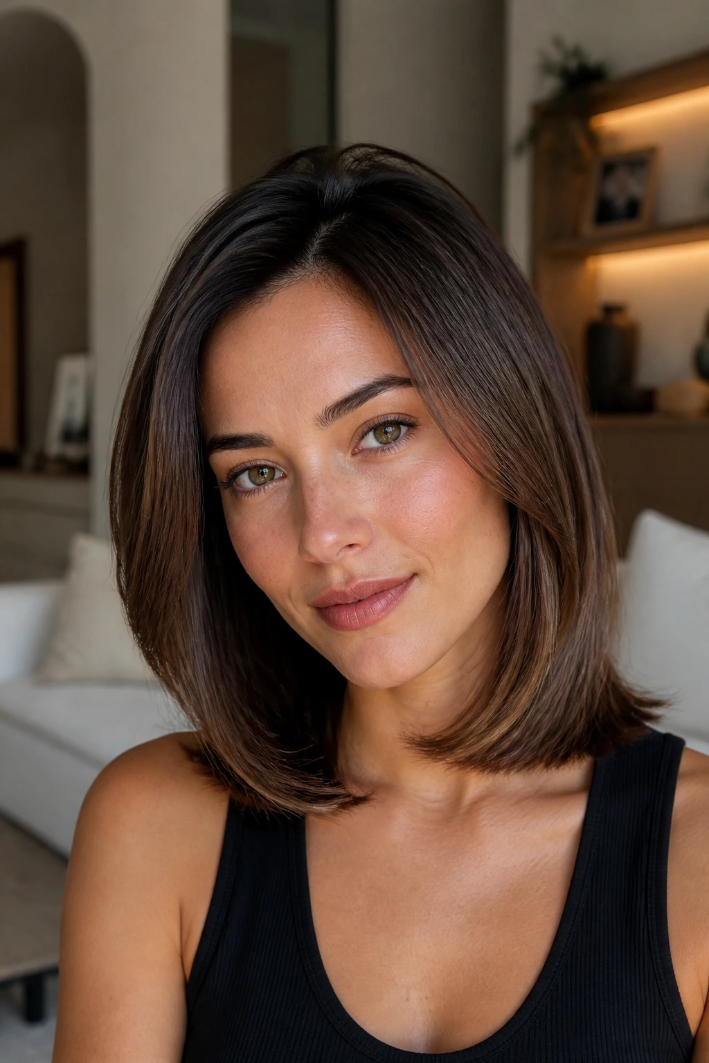 Close-up of a person with a sleek shoulder-length blowout