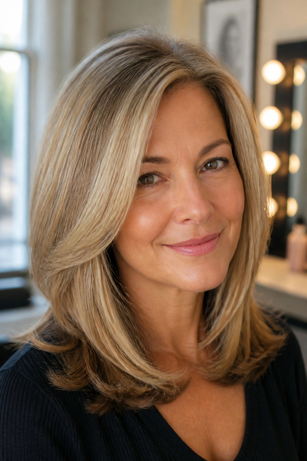 Close-up of a woman with a sleek blowout and bent ends.