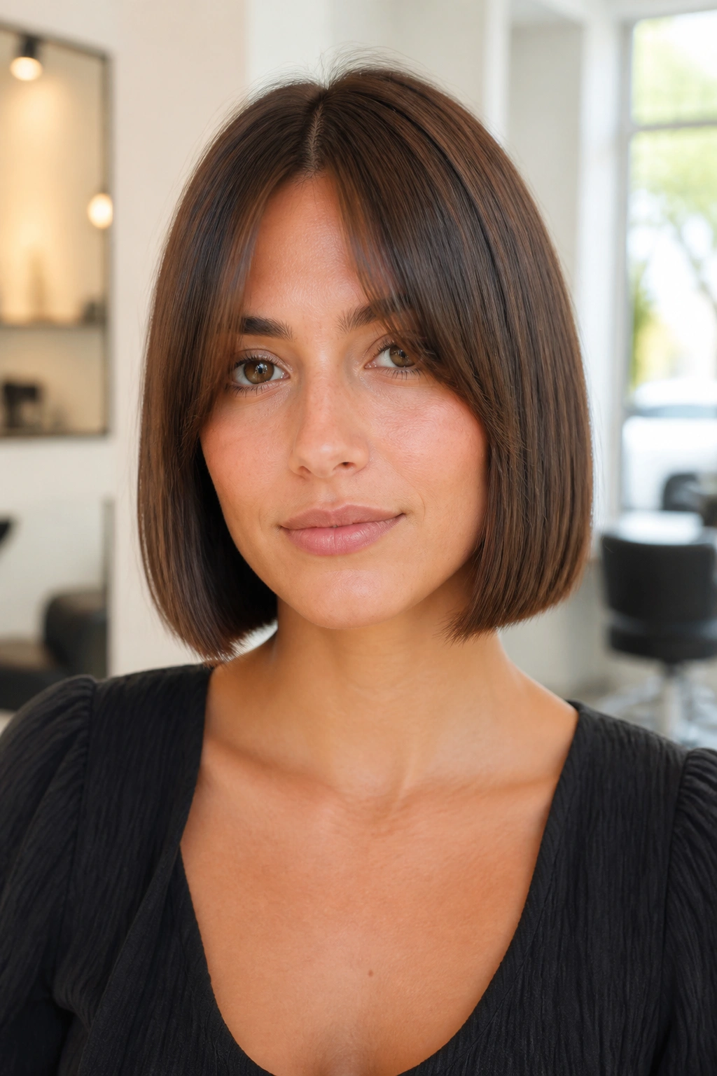 Real person with sleek blunt bob and center curtain fringe in a bright salon