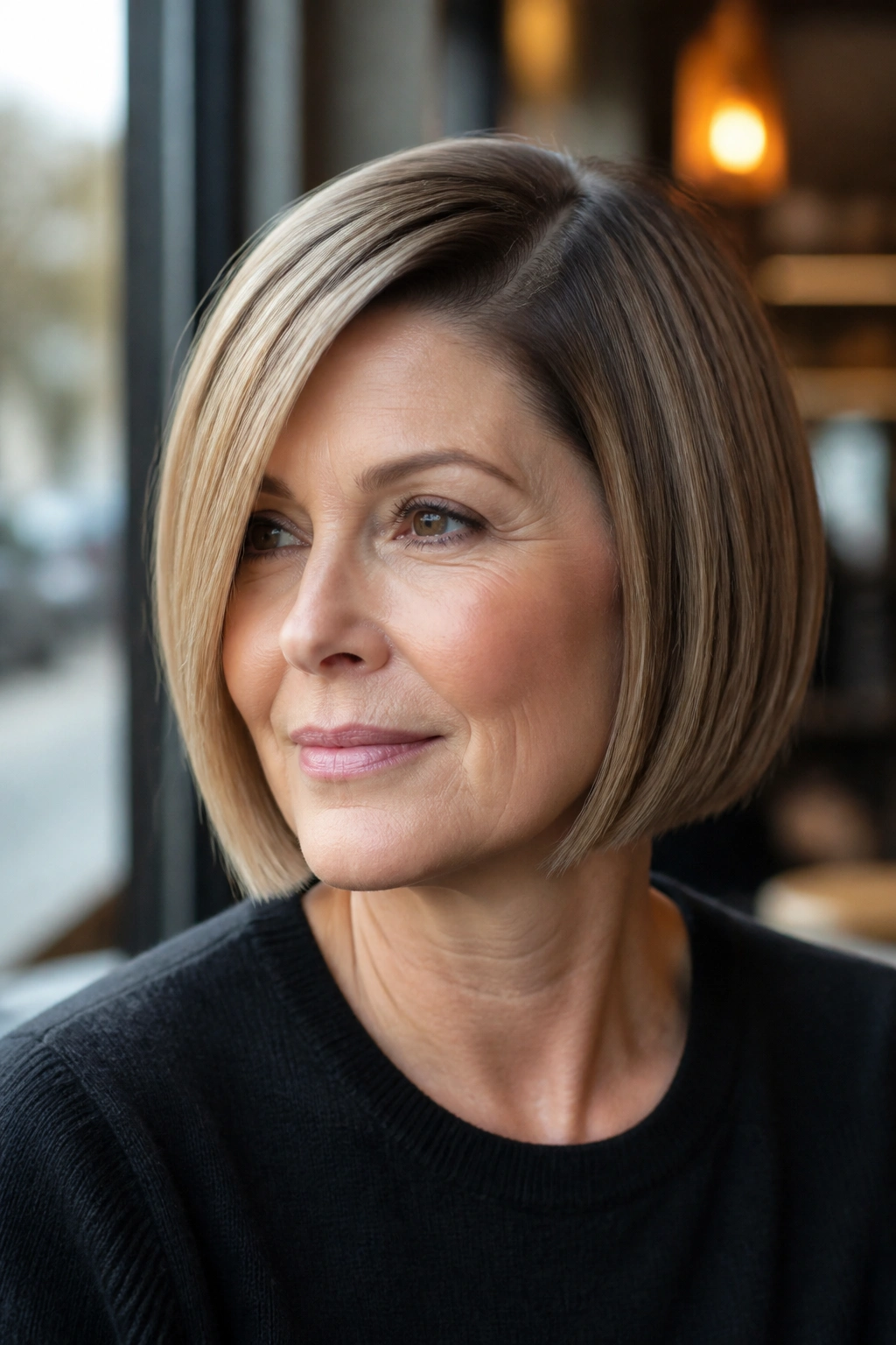 Close-up of a woman with sleek blunt bob and deep side part in natural light