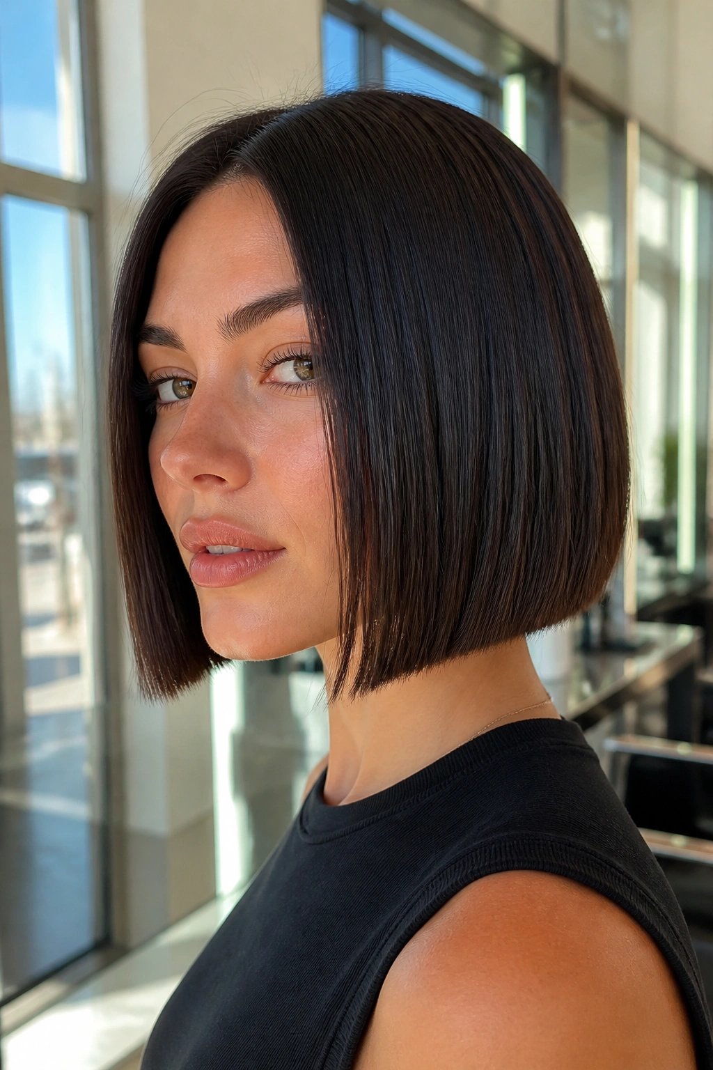 Close-up portrait of a real woman with a sleek blunt bob below the jaw