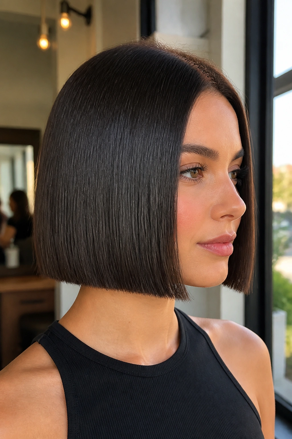 Close-up of real woman with sleek blunt bob at jawline