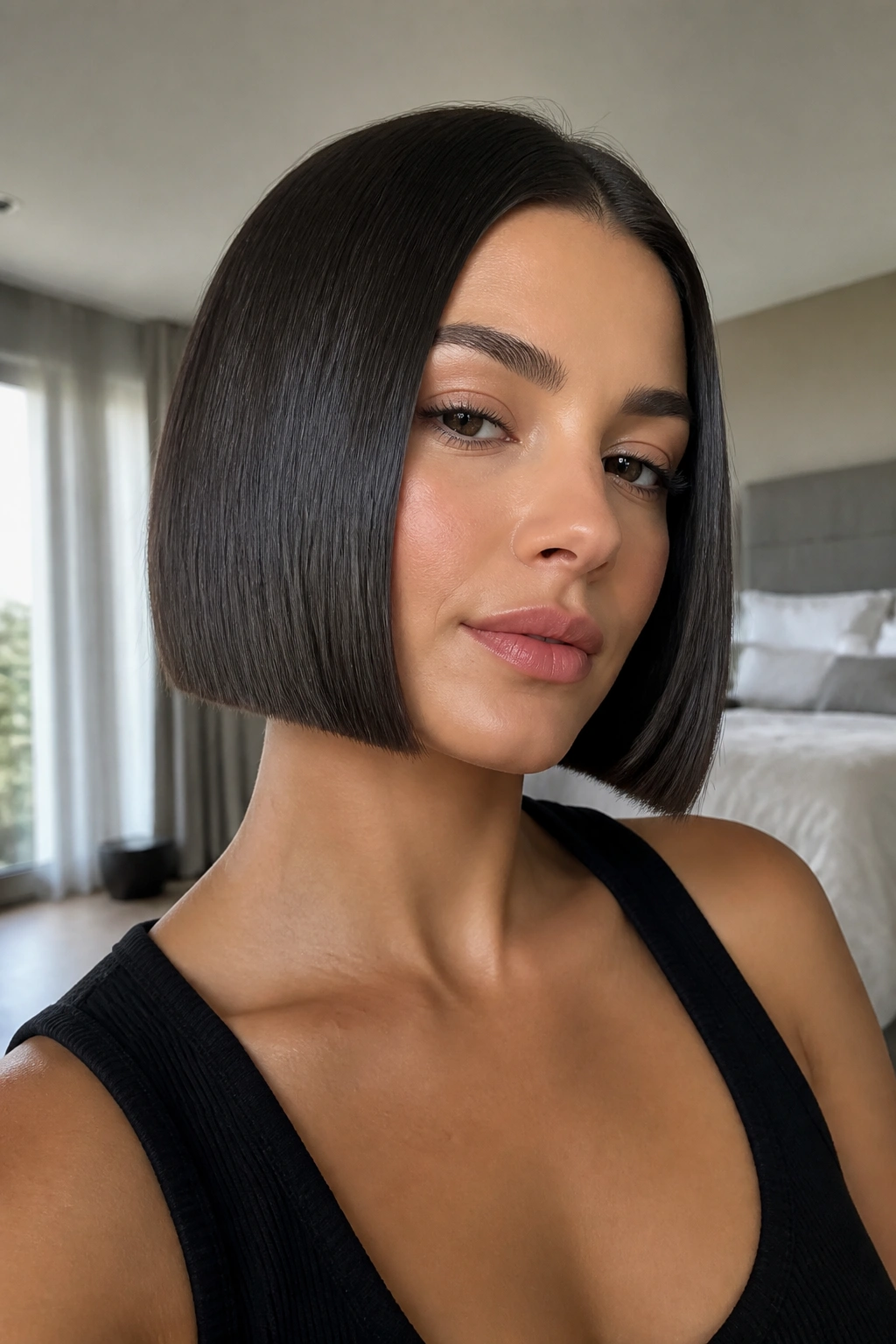 Close-up of a real woman with a sleek jaw-length blunt bob in natural window light