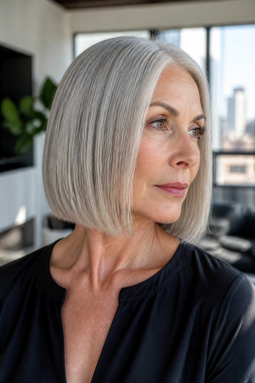 Close-up portrait of a woman with a sleek blunt bob in natural daylight in a modern living space