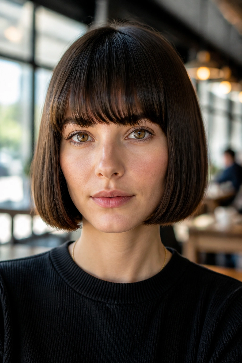 Close-up portrait of a real woman with a sleek blunt French bob in daylight