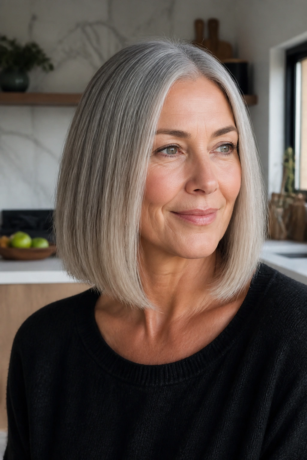 Real woman in her 50s with sleek blunt lob and soft ends, bright kitchen backdrop