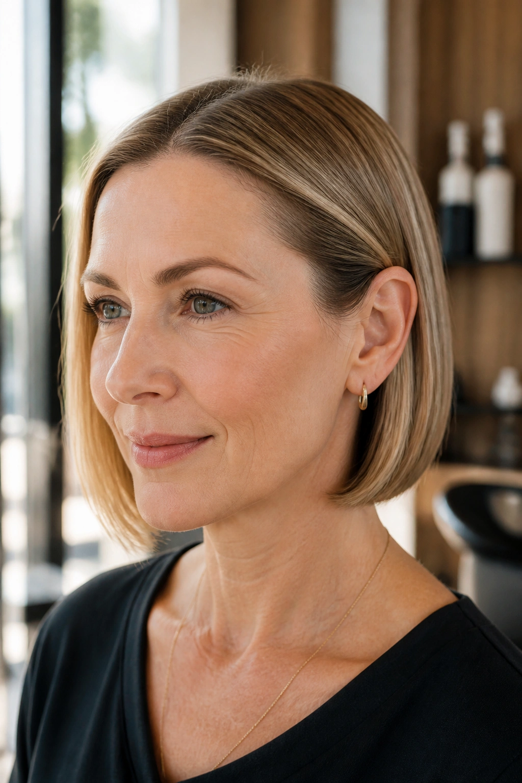 Close-up portrait of a real woman with a sleek bob tucked behind the ears, natural window light.