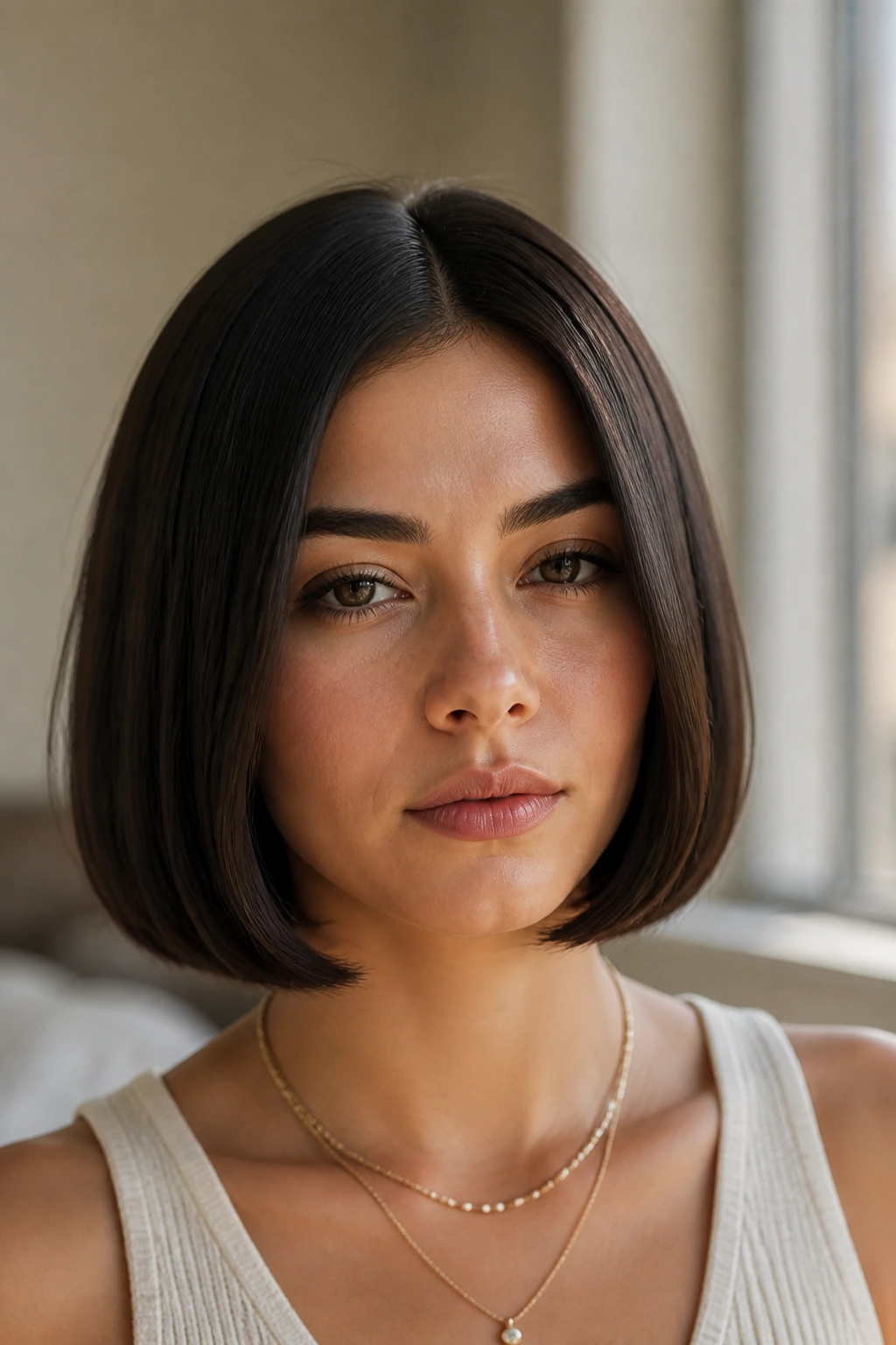 Close-up of a woman with a sleek center-part bob, jaw-length and glossy