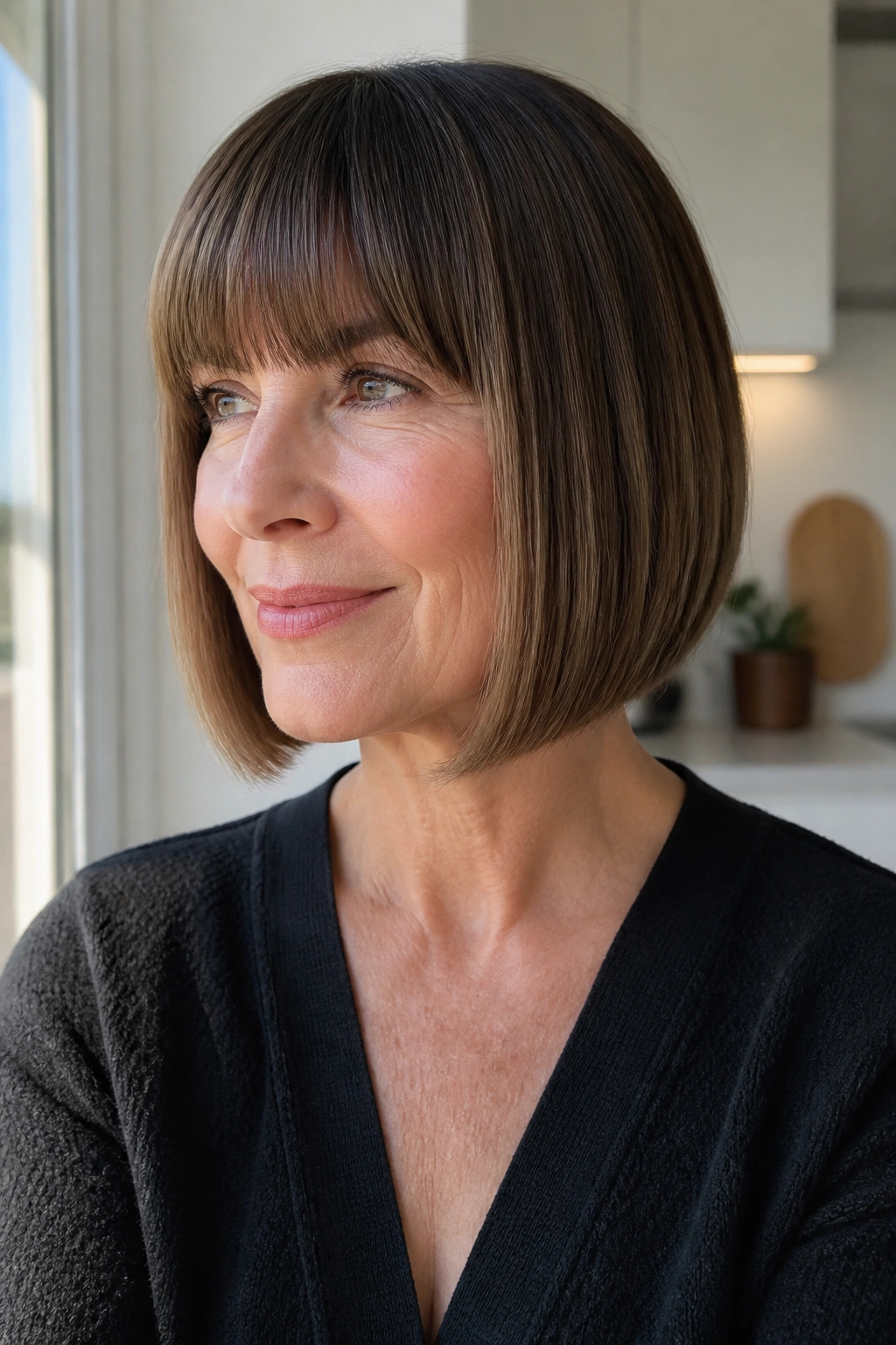 Woman with sleek chin-length bob and full bangs in bright window light