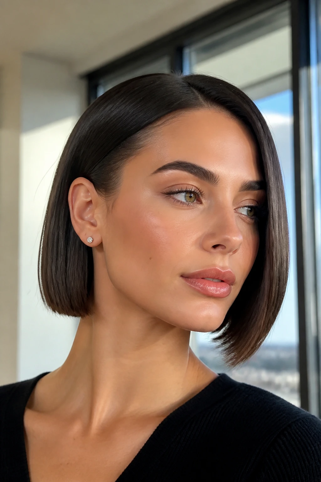 Portrait of a real woman with a sleek glass bob tucked behind the ear