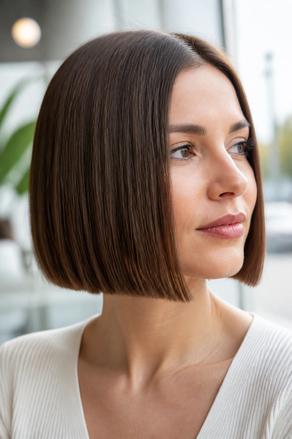 Close-up portrait of a real woman with a sleek one-length bob from jaw to chin.