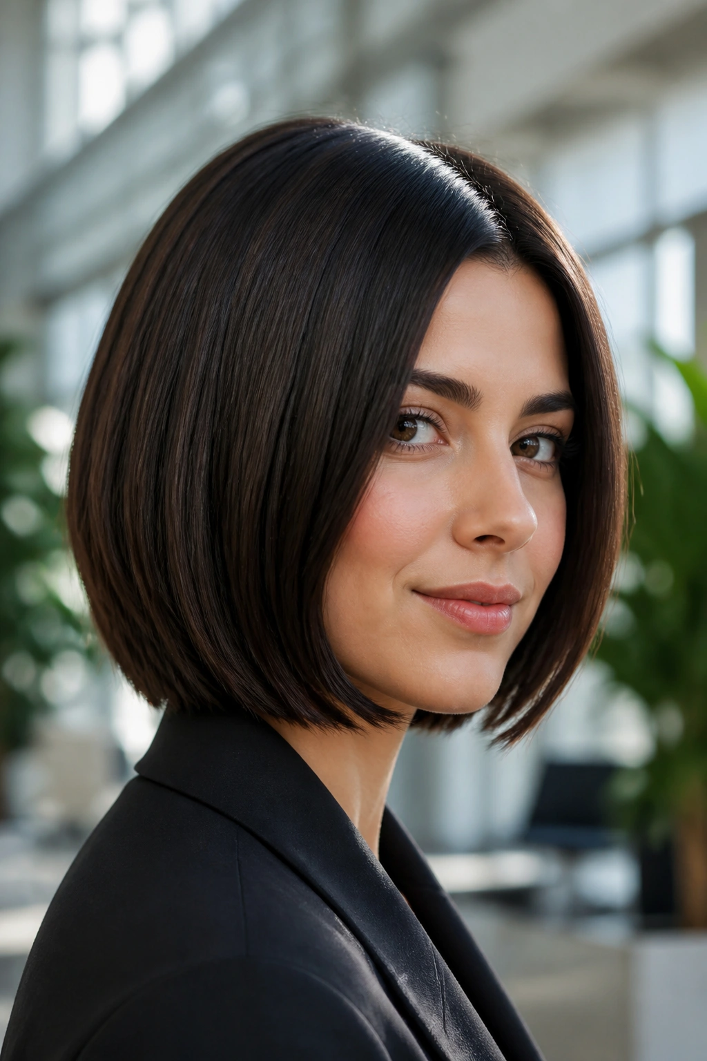 Portrait of a real person with a sleek bob that shows hidden layers beneath a smooth exterior.
