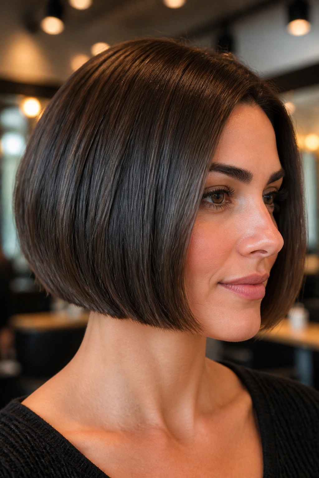 Close-up of a real woman with a sleek bob showing interior weight removal