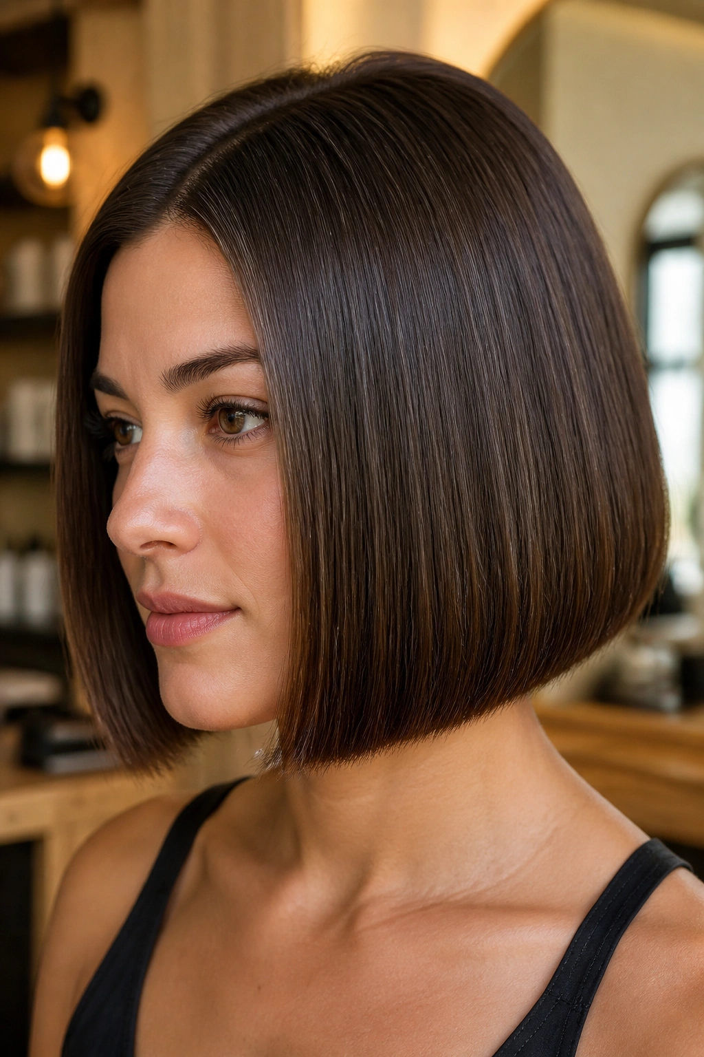 Close-up portrait of a woman with a sleek one-length bob and micro-texturizing on thick straight hair