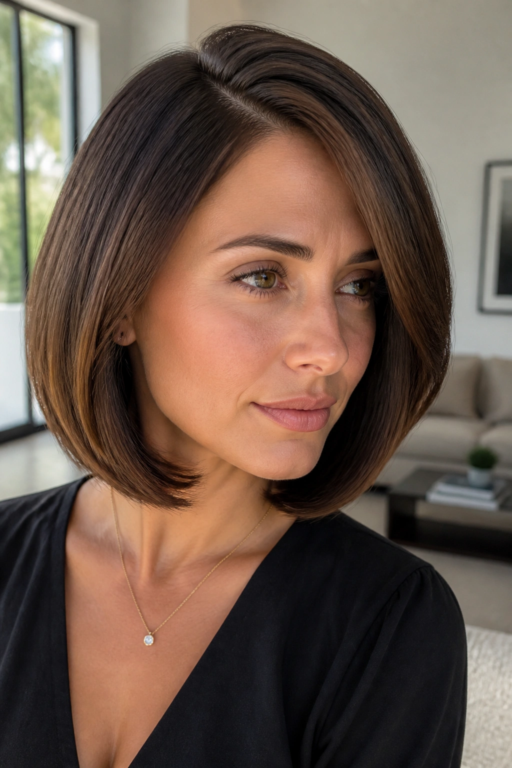 Close-up portrait of a real woman with a sleek side-parted layered bob and rounded ends