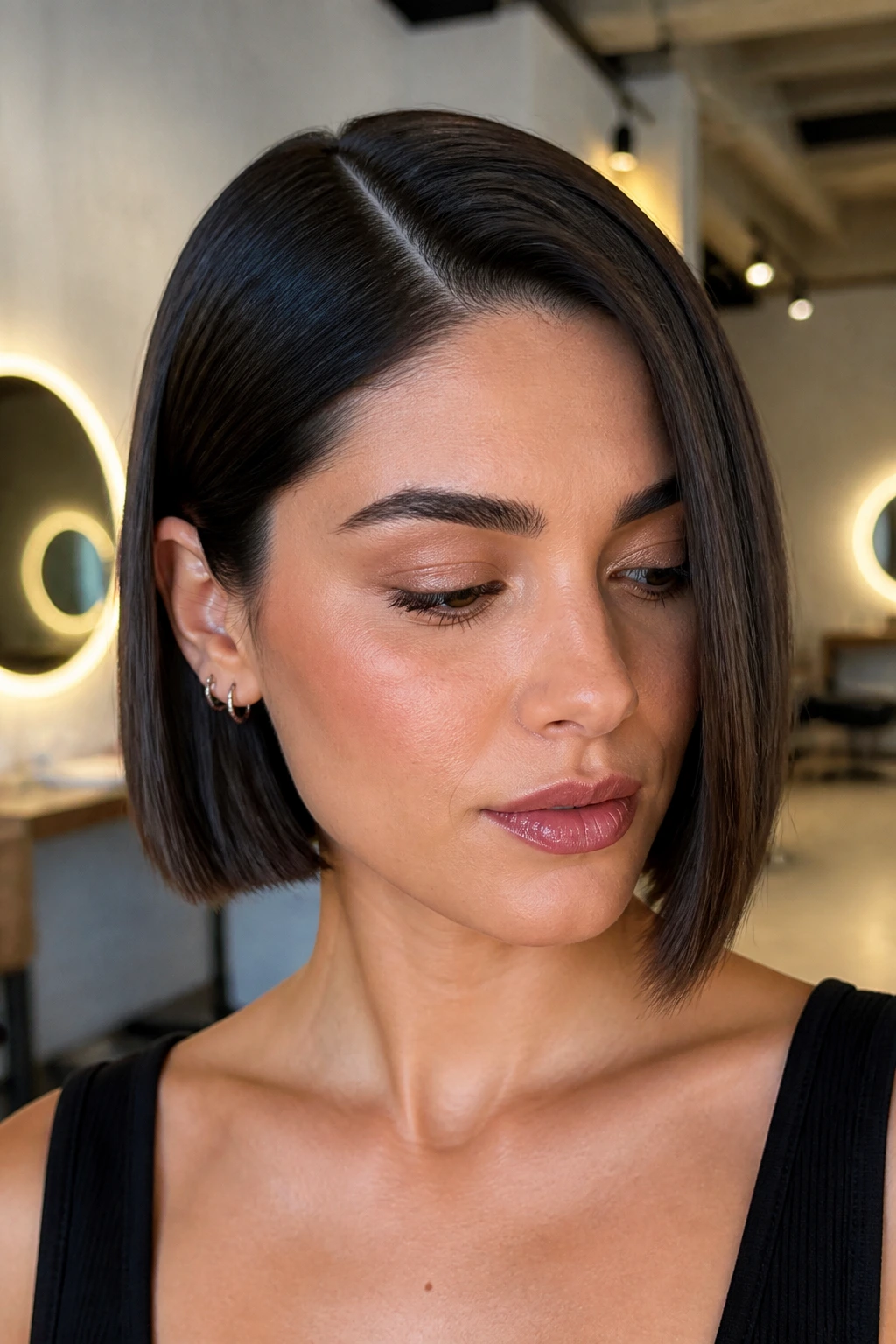 Close-up of a real woman with a sleek glass bob and a sharp side part.
