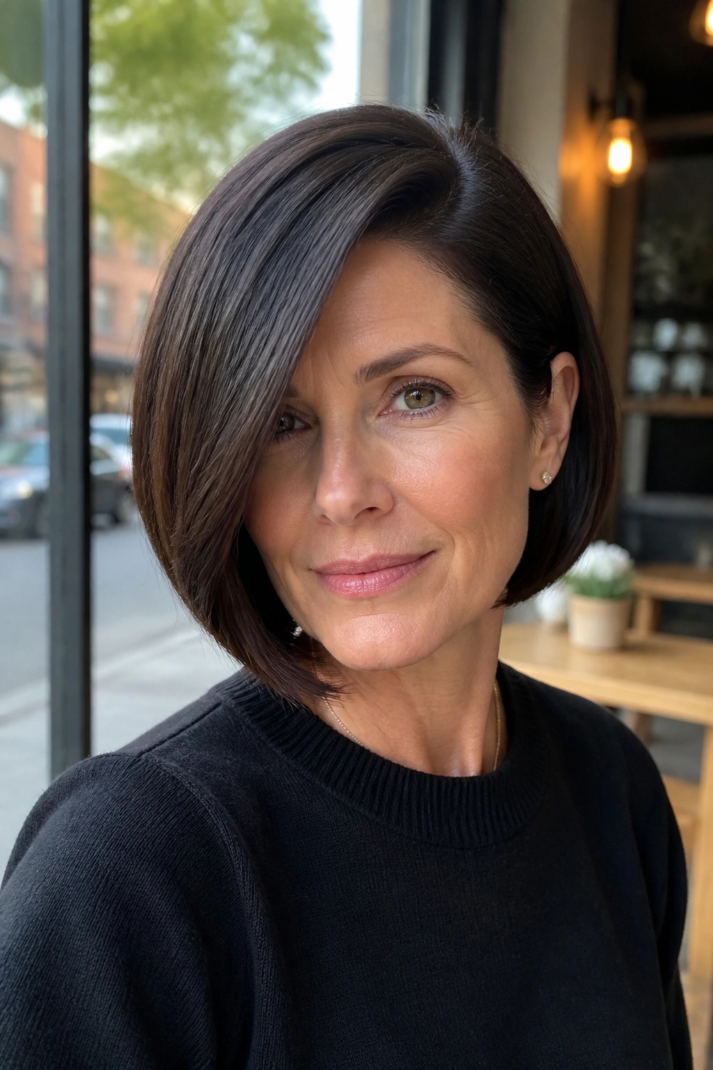 Portrait of a woman with a deep side part and sleek glossy bob.