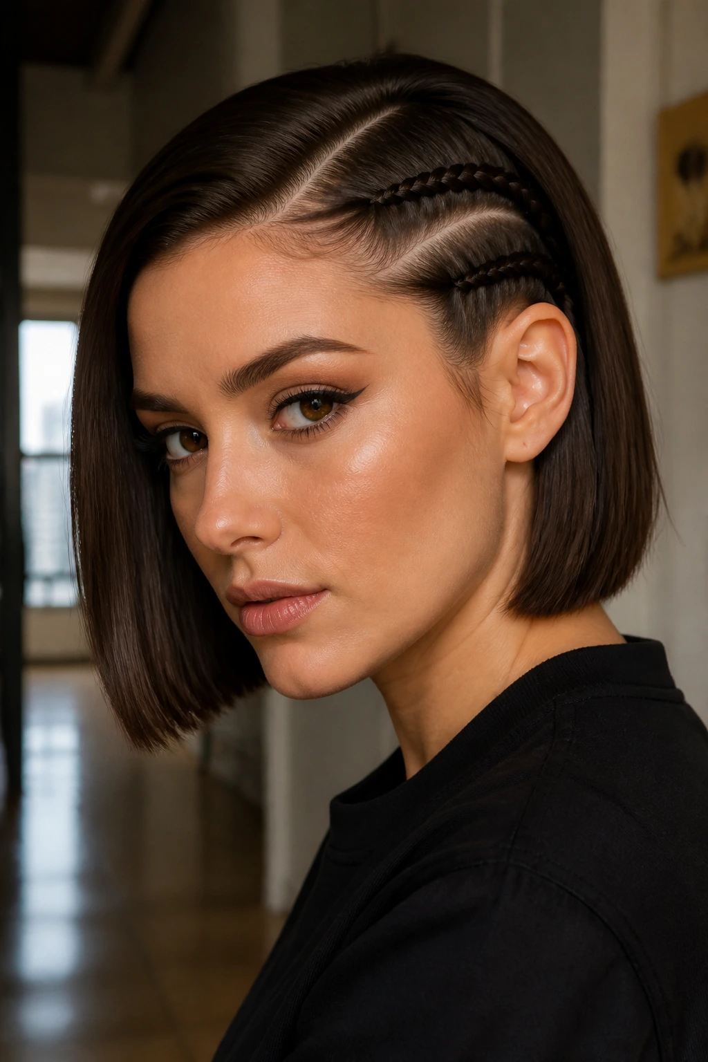 Portrait of a woman with a sleek bob and temple braids near the ears