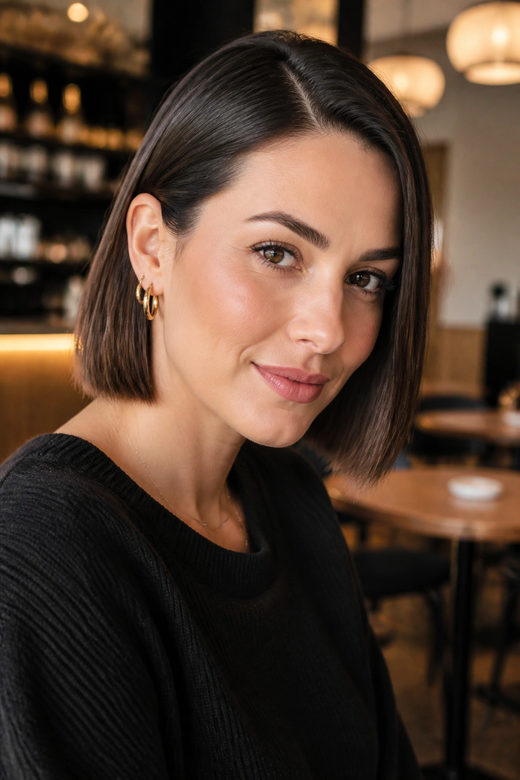 Real woman with sleek jaw-length bob tucked behind ear