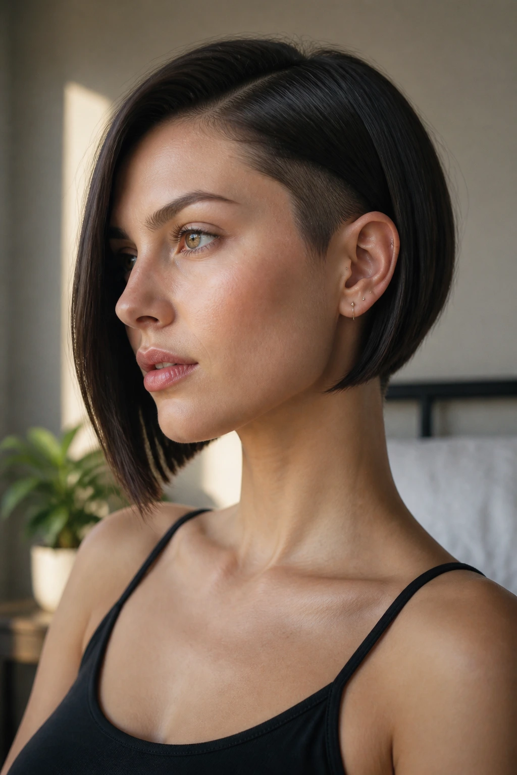 Close-up portrait of a real person with Sleek Bob Undercut and a hidden undercut.