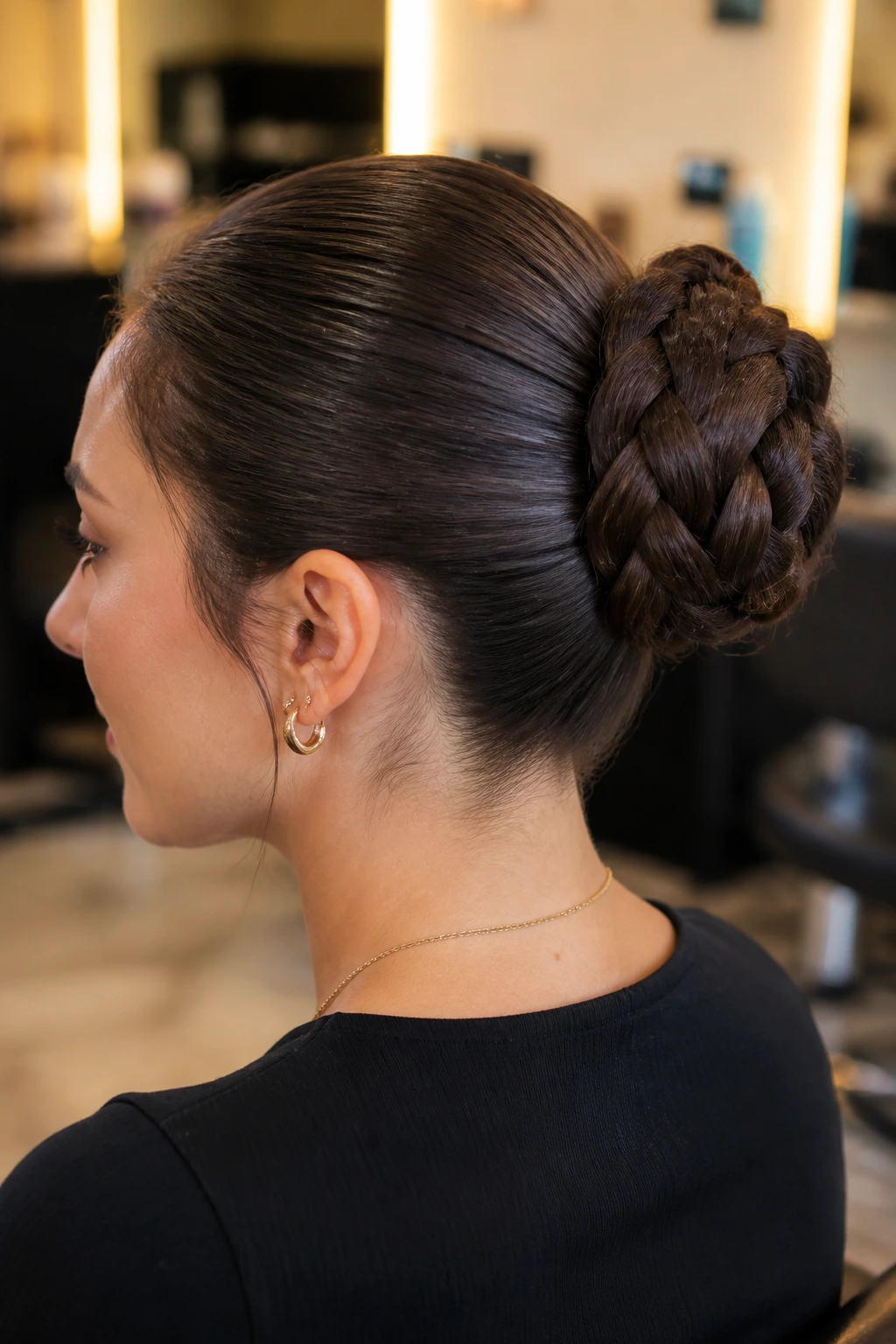 Close-up of Sleek Braided Bun for Thick Hair on a real woman, thick hair braided into a neat bun