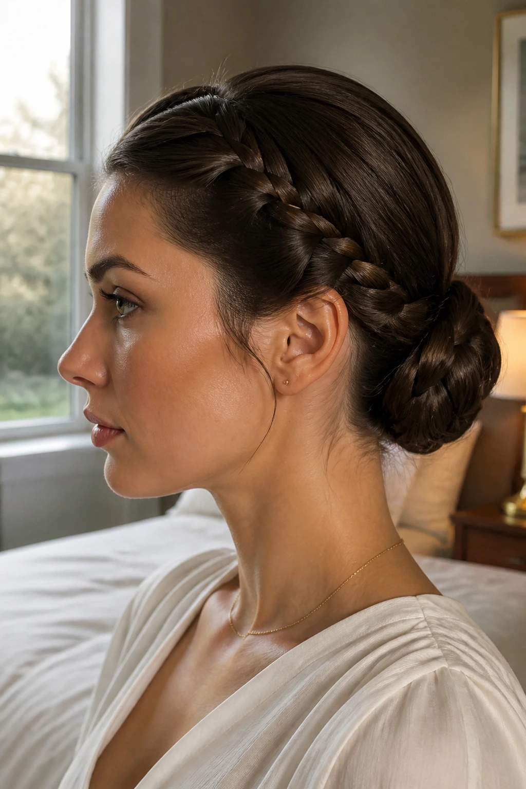 Close-up of a real woman with a sleek braided bun at the nape, polished long-hair updo in natural light