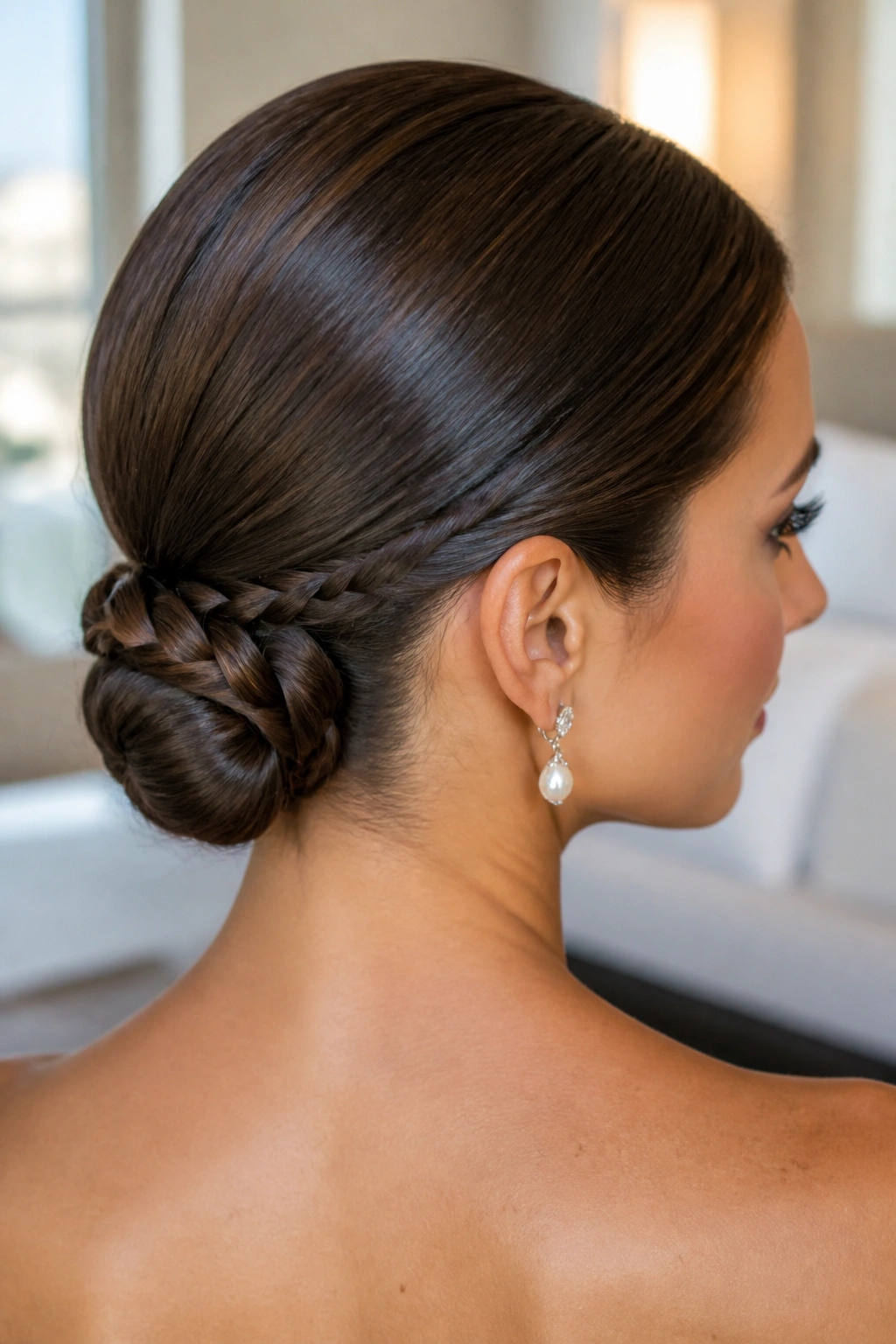 Close-up portrait of a real woman with a sleek braided bun at the nape