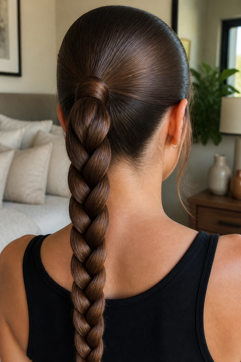 Close-up of a real woman with a sleek braided ponytail seen from behind.