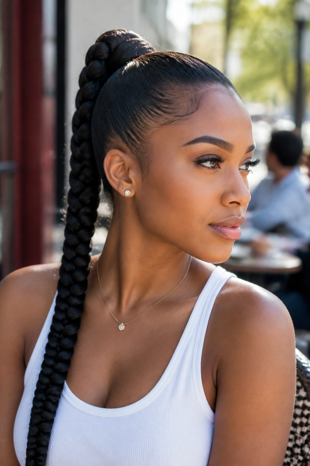 Close-up of a real woman with a sleek braided ponytail in natural daylight