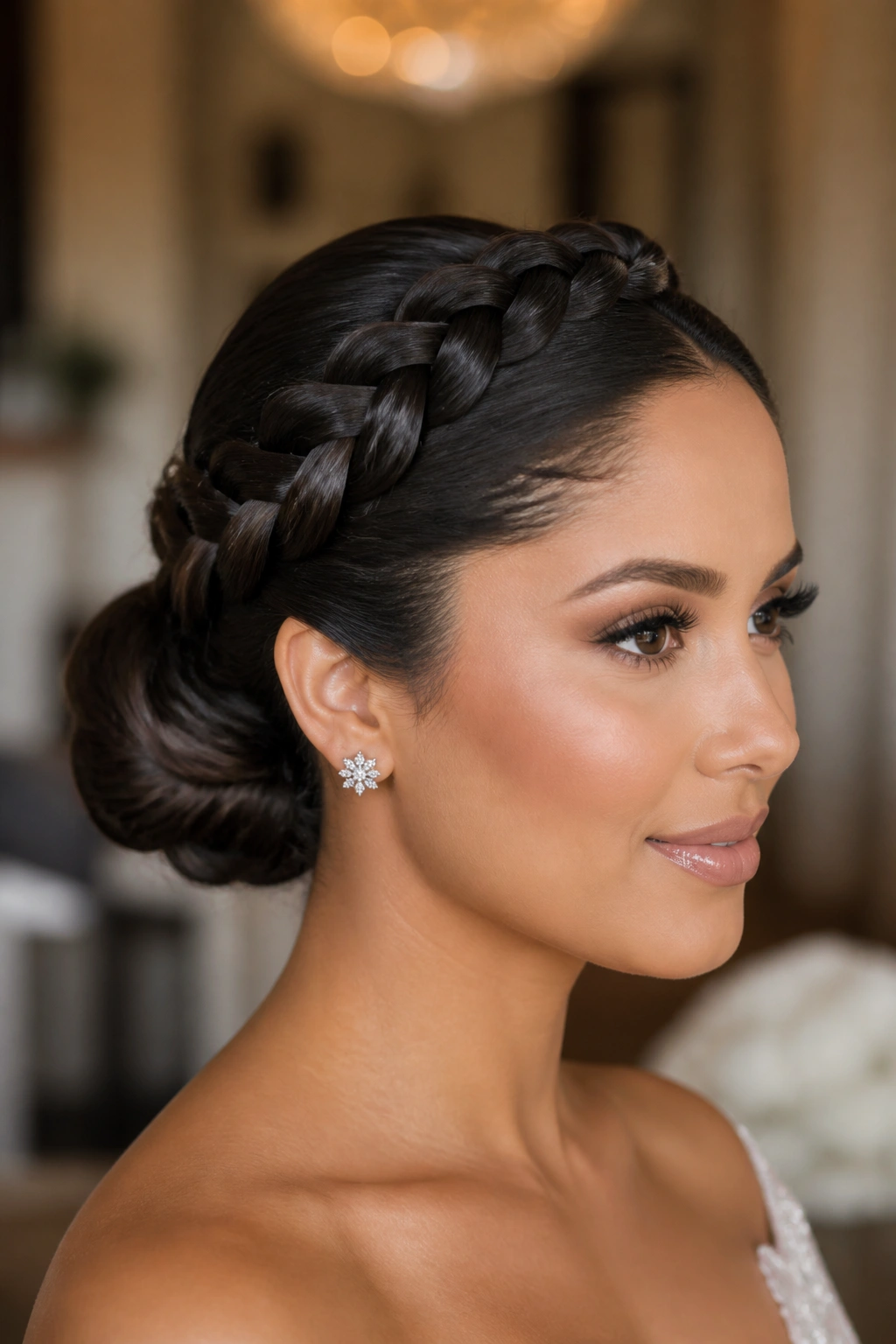 Close-up of a real woman's head with a sleek bridal crown braid and low bun