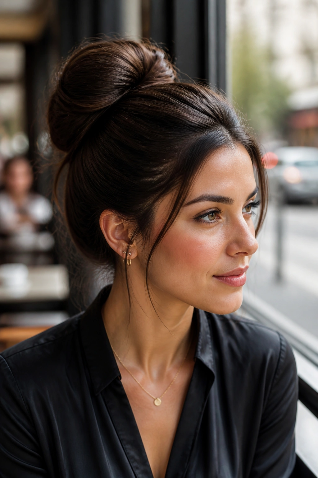 Close-up of a real woman with a voluminous sleek bun and lifted crown under natural daylight.