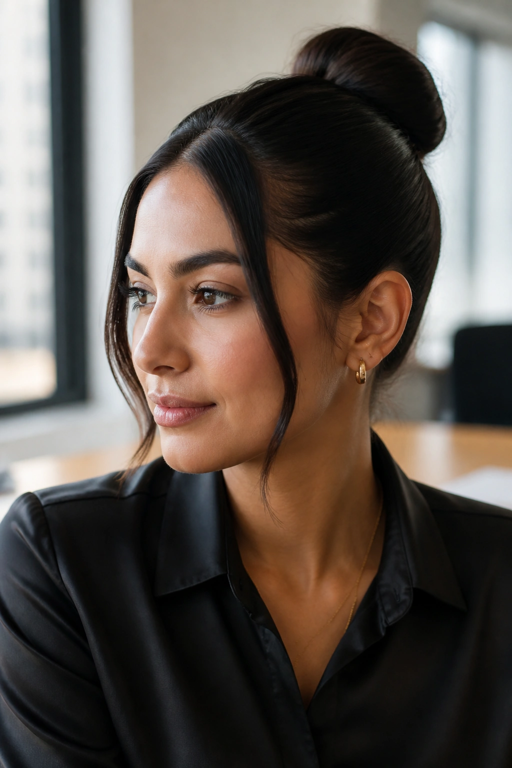 Close-up portrait of a real woman with a sleek bun and face-framing pieces in a sunlit office.