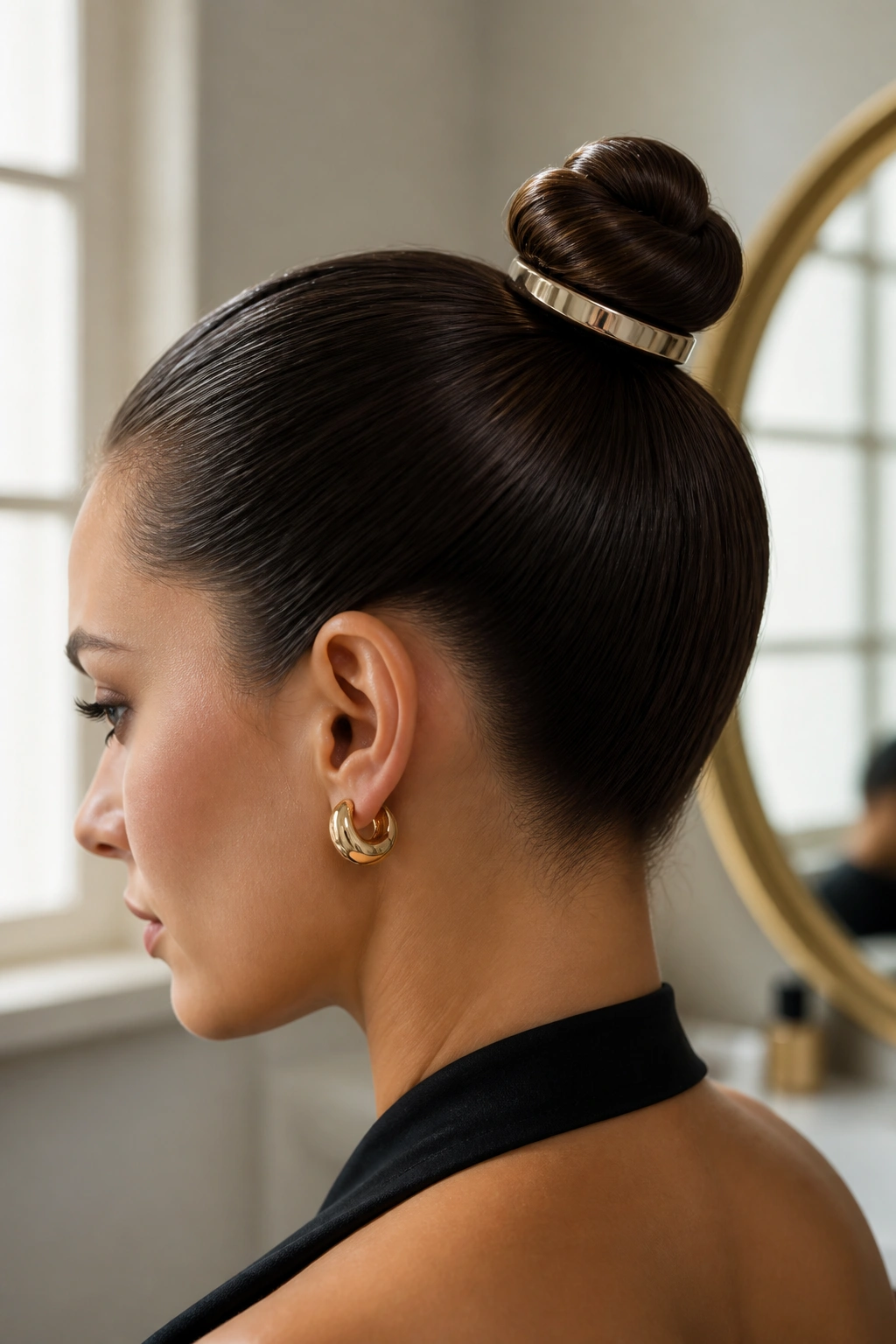 Close-up of a real woman with a sleek bun and a slim metal cuff at the base