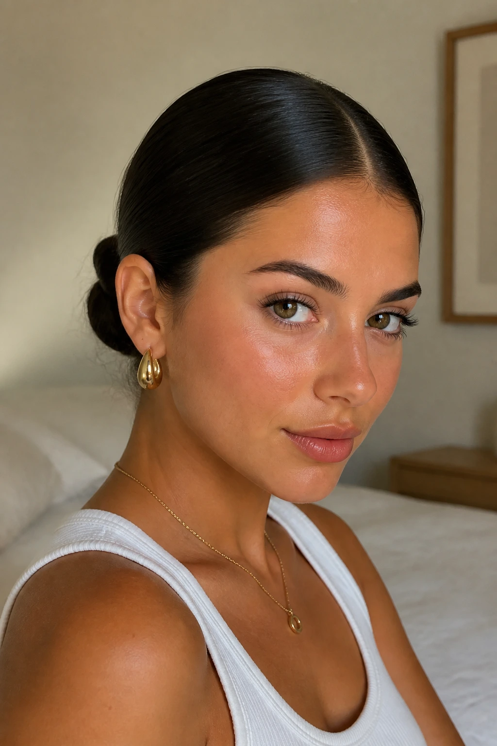 Close-up of a real woman with a sleek middle-part bun