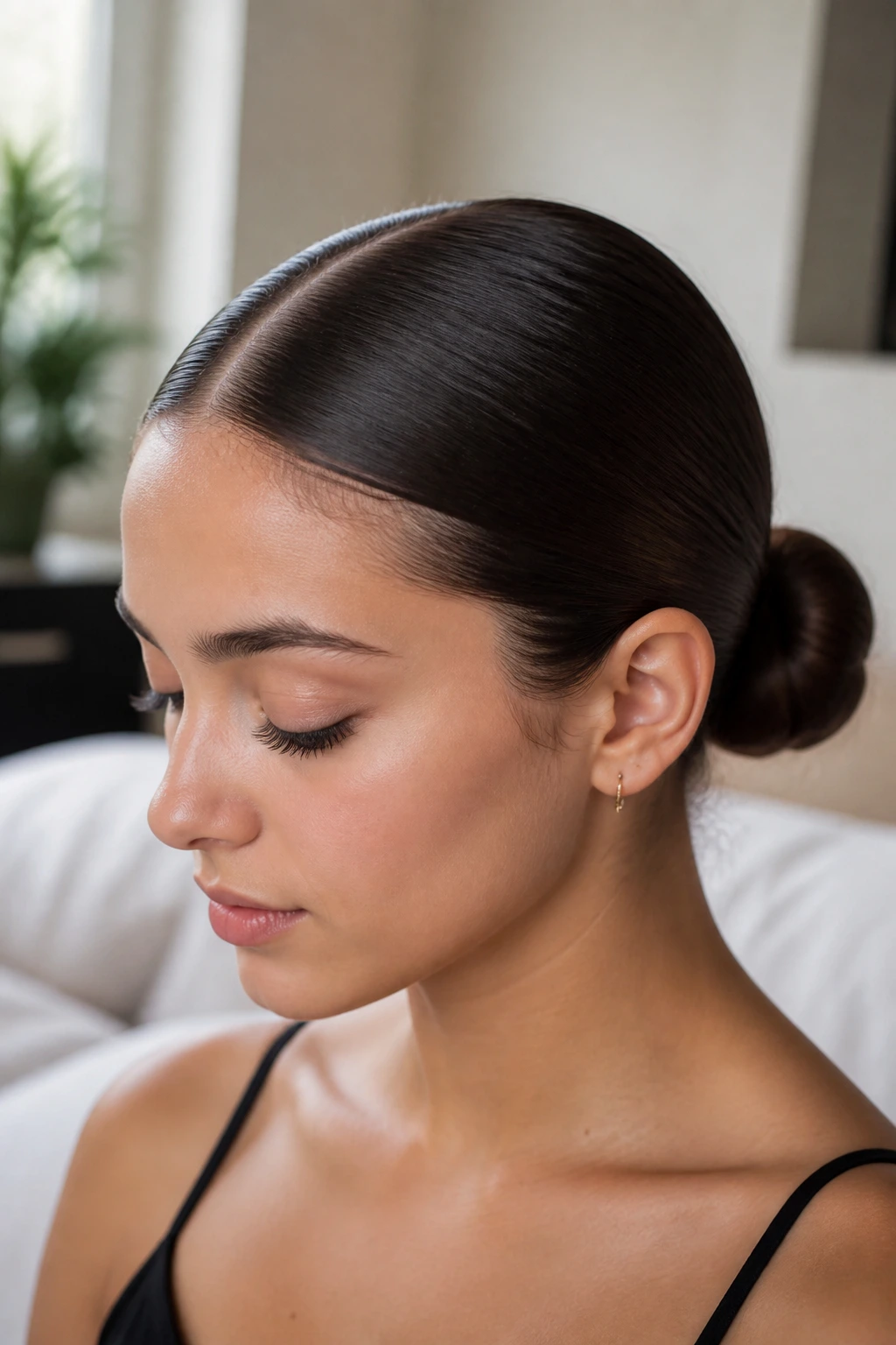 Close-up portrait of a real woman with a sleek middle-part bun in natural bedroom light