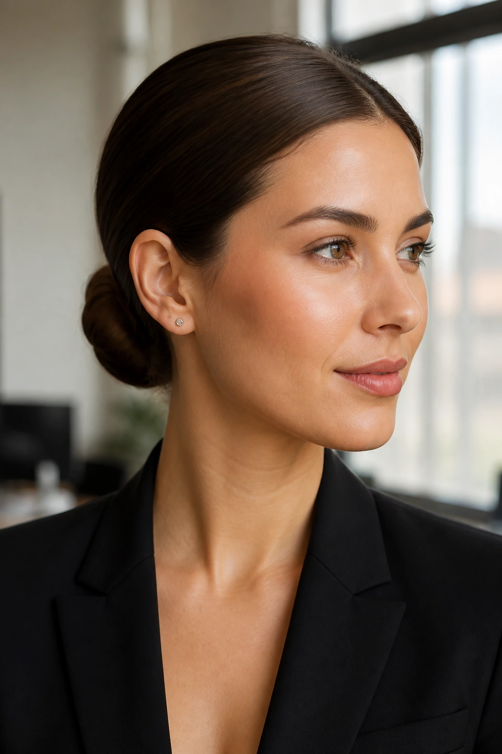 Close-up of a real woman with a sleek low bun at the nape in an office setting