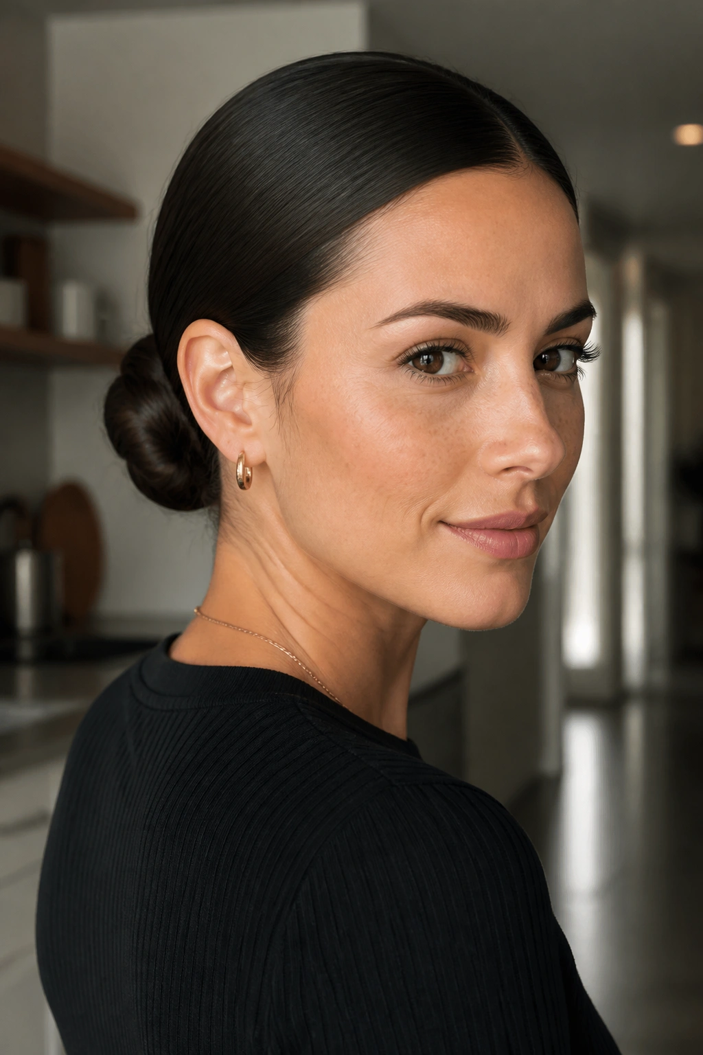 Real woman with a low sleek bun at the nape of the neck in soft light.