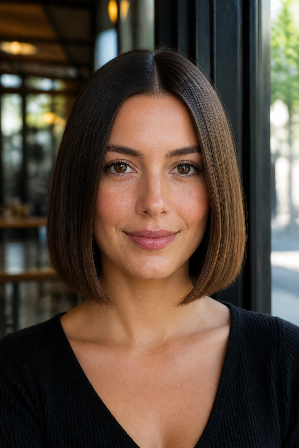 Close-up of a real woman with a sleek center-part bob