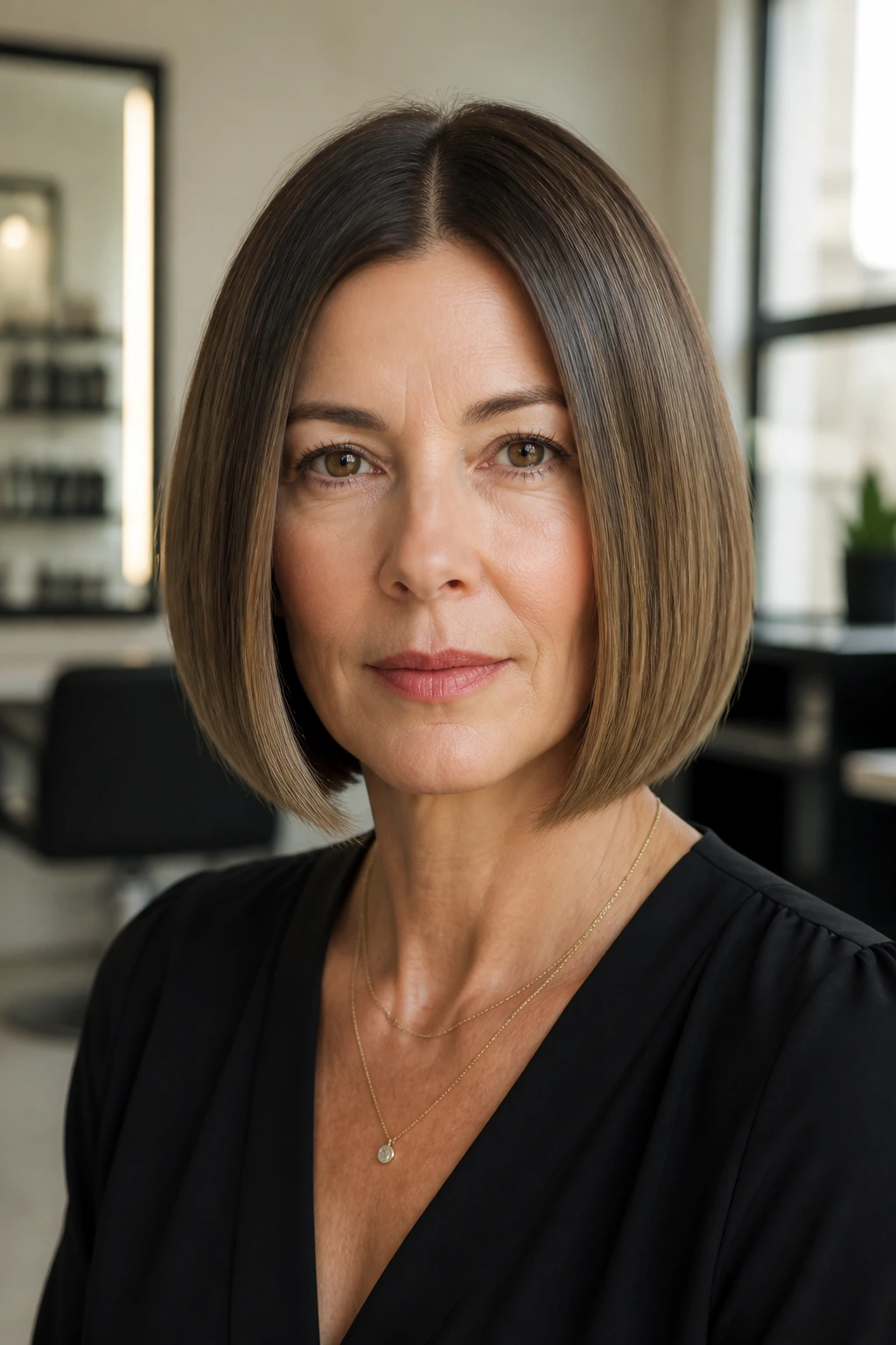 Portrait of woman with sleek center-part bob in a modern salon