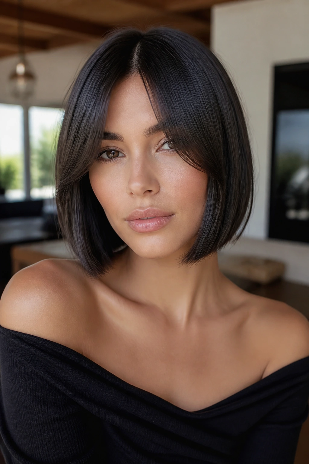 Close-up of a woman with a sleek center-part bob and curtain fringe